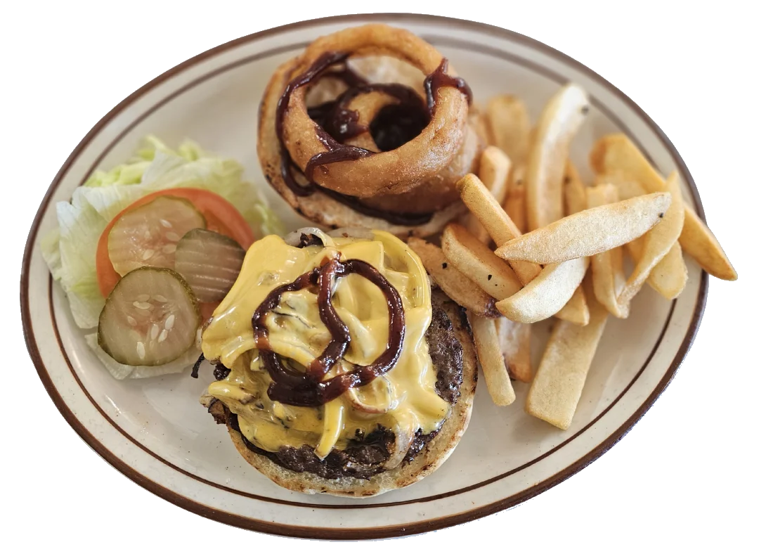 Chubby's Bonanza burger with onion rings and fries